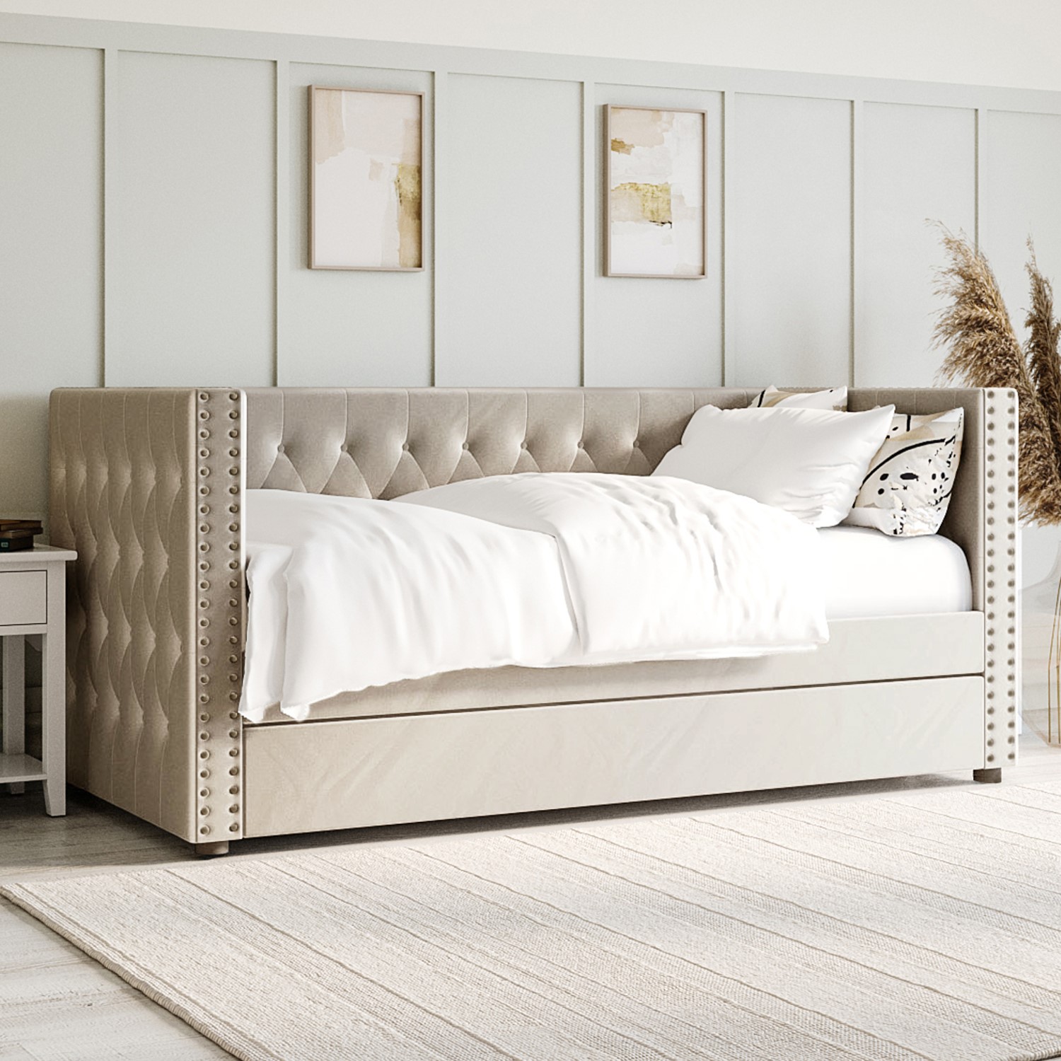 Read more about Single day bed sofa with trundle in beige velvet sacha